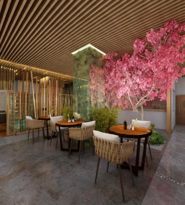 3D Japanese Restaurant rendering with indoor Sakura tree
