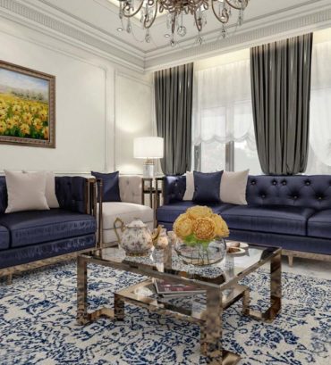 3D Luxury Livingroom Renderings with beige and blue sofas