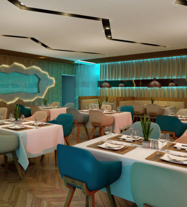 3D Rendering luxury restaurant with blue and beige chairs