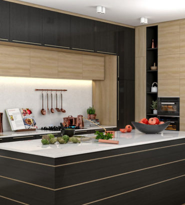 3D Rendering of a modern Kitchen with dark cabinets and white marble counter top