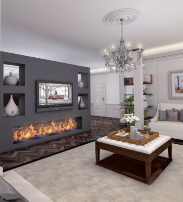 3D Rendering of a luxury living-room with TV wall with fire place