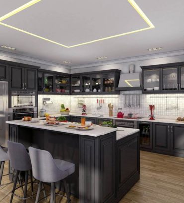 3D Traditional Kitchen Rendering with dark wooden cabinets and white marble counter top
