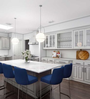 Kitchen 3D Rendering with white cabinets and blue bar stools on the kitchen island render vibes