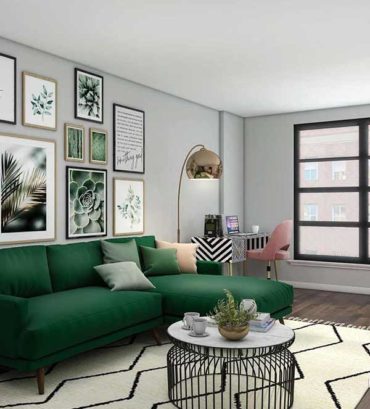 3D Rendering Modern Minimal living room with a green sectional sofa