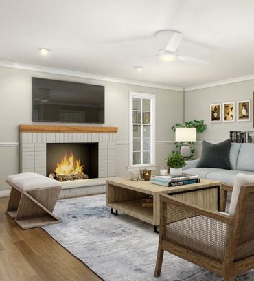 3D rendering showcases the interior design of a living room with a fireplace located in the USA Render vibes visualization