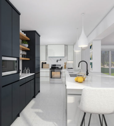 Black and white 3D Renderings Modern Kitchen interior design Candana 3D photorealistic renderings render vibes visualization