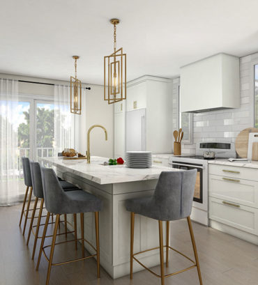 elegant white kitchen 3d renderings grey bar stool wood flooring Canada render vibes visualization 3d photorealistic renderings archviz