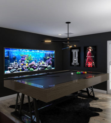 Game room 3D Renderings contain Tv wall with a fireplace, a Pool table, a bar, and a fish tank... This is a part of an interior architectural visualization project which is located in the USA