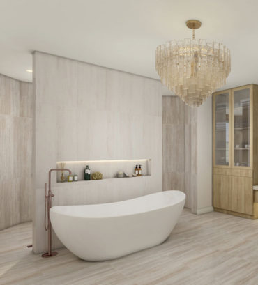 These 3d renderings were created to showcase the luxurious interior design of a master bathroom with a warm vibe and a fireplace which is a part of interior architectural visualization project located in the USA, were created by render vibes visualization