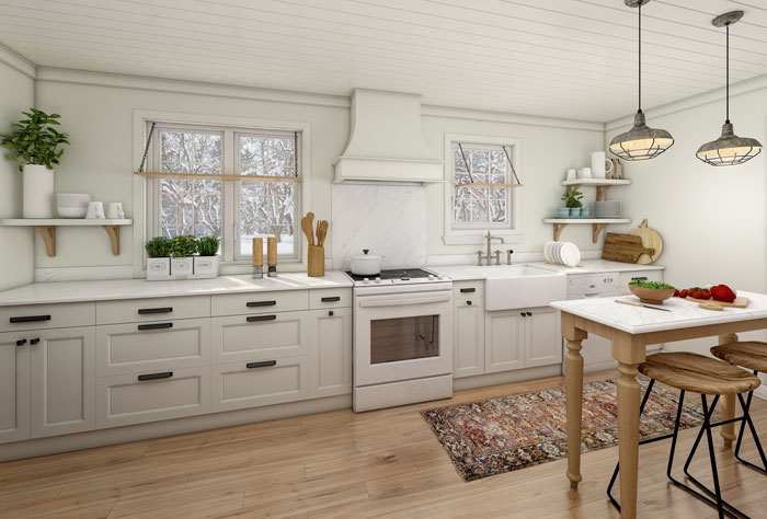 3D rendering of a white kitchen with wooden accents.