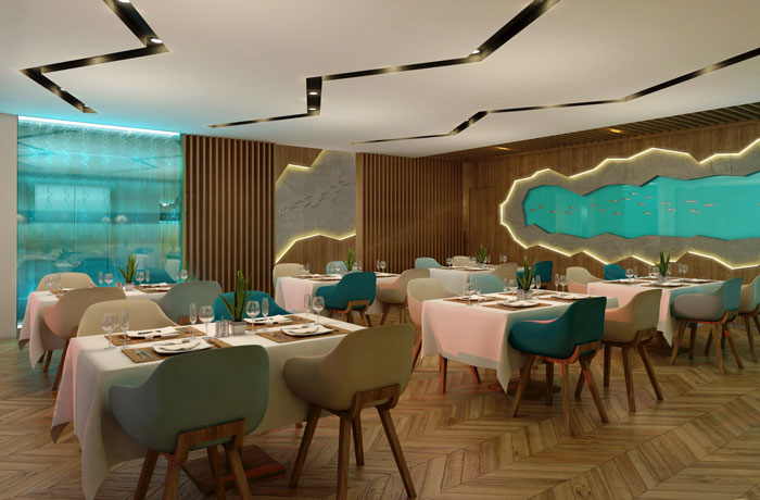 A 3D rendering of a modern restaurant interior.