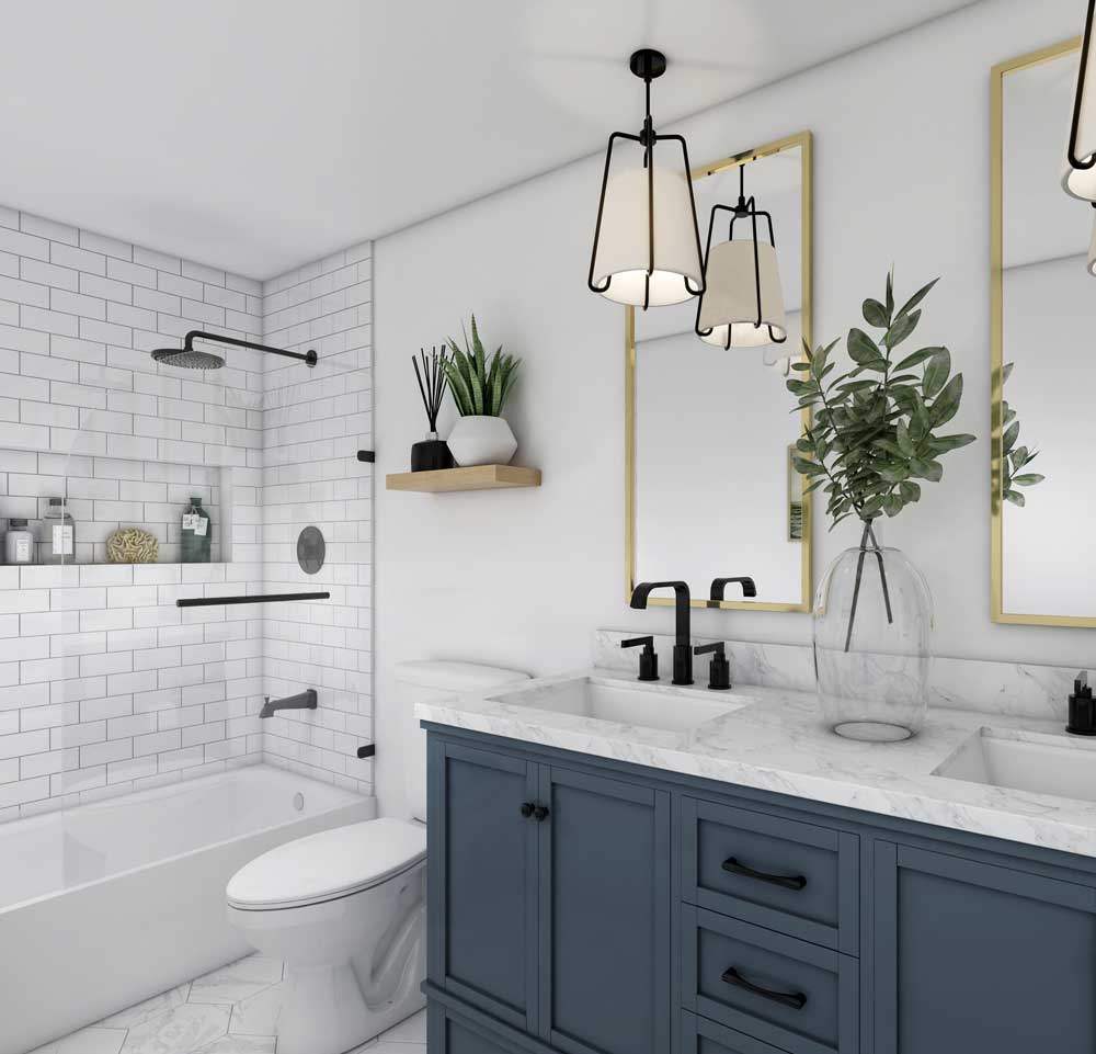 3D Rendering of a Coastal Farmhouse Bathroom with a Blue Double Vanity and White Subway Tile. Visualized by Render Vibes Visualization for a cklient in Florida/ USA