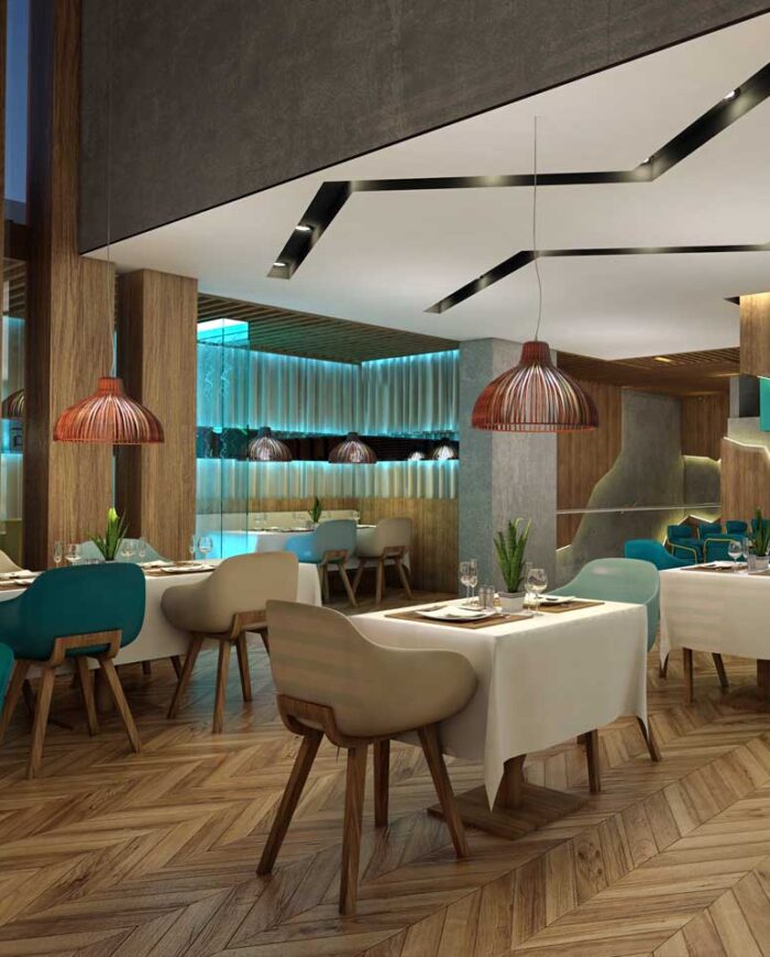 Modern Japanese Restaurant Interior 3D Renderings in Jeddah with Desert Views