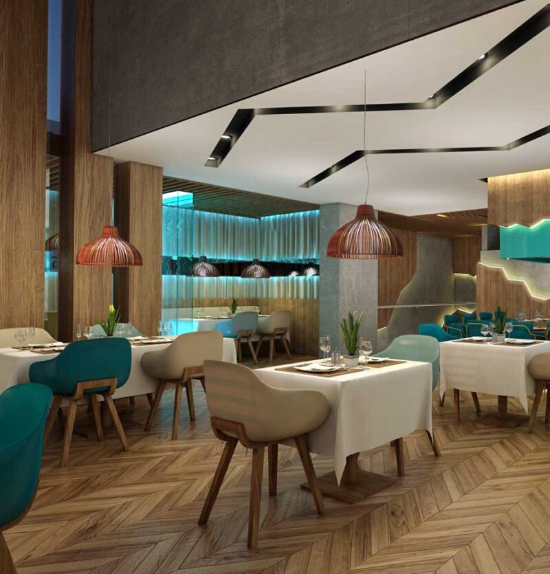 Modern Japanese Restaurant Interior 3D Renderings in Jeddah with Desert Views