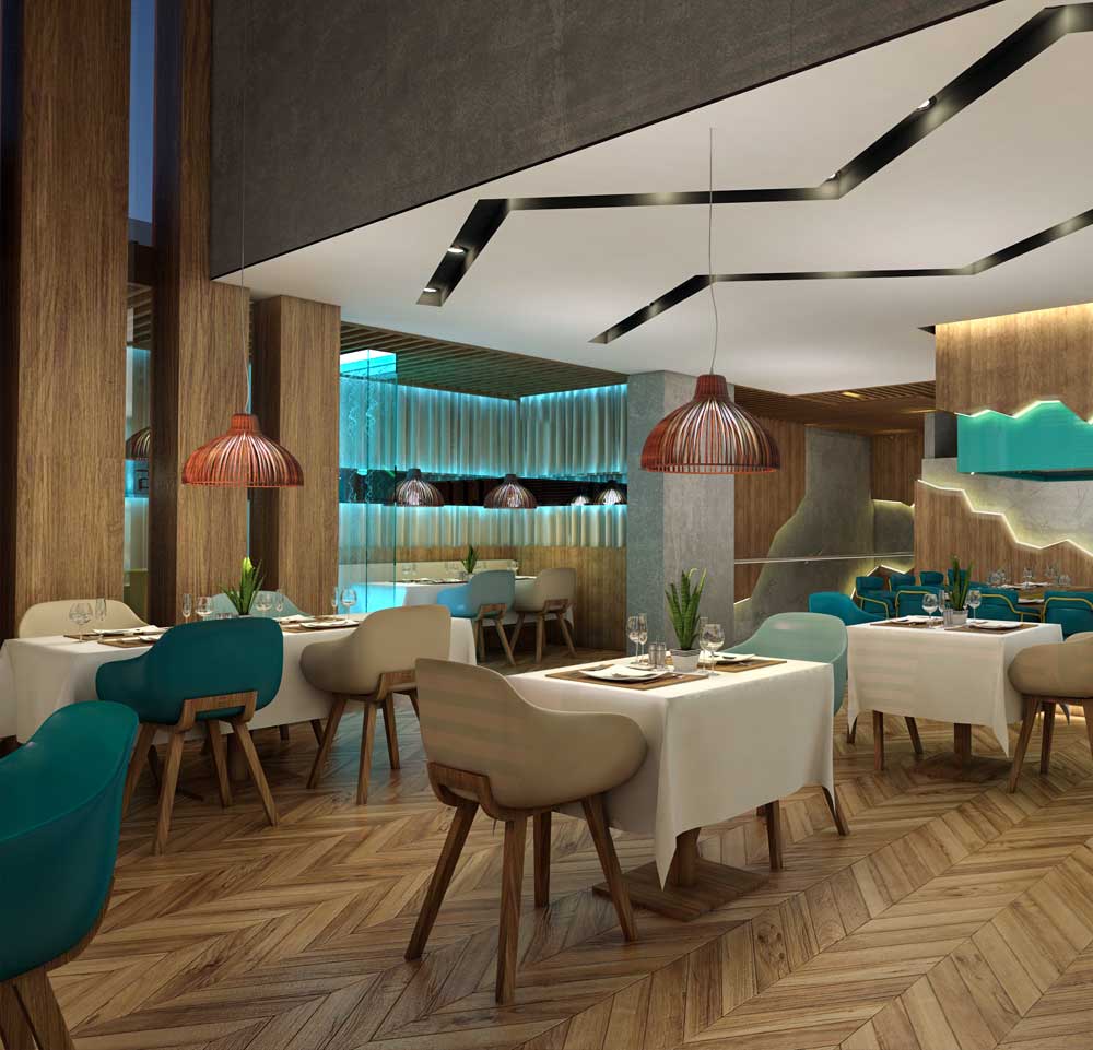 Modern Japanese Restaurant Interior 3D Renderings in Jeddah with Desert Views