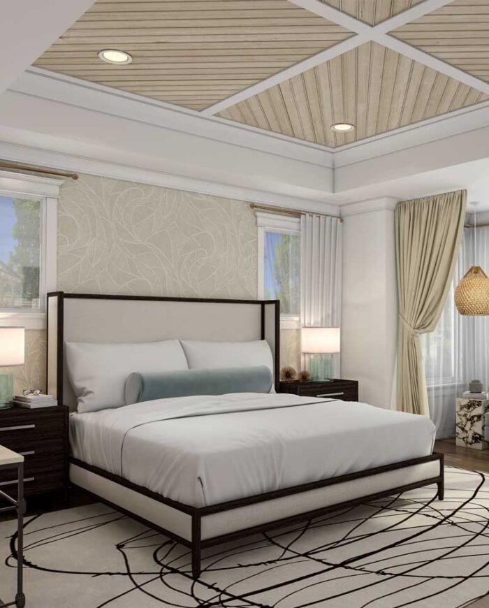 Sophisticated bedroom design visualized in 3D with plush textures, elegant furnishings, and a serene color palette