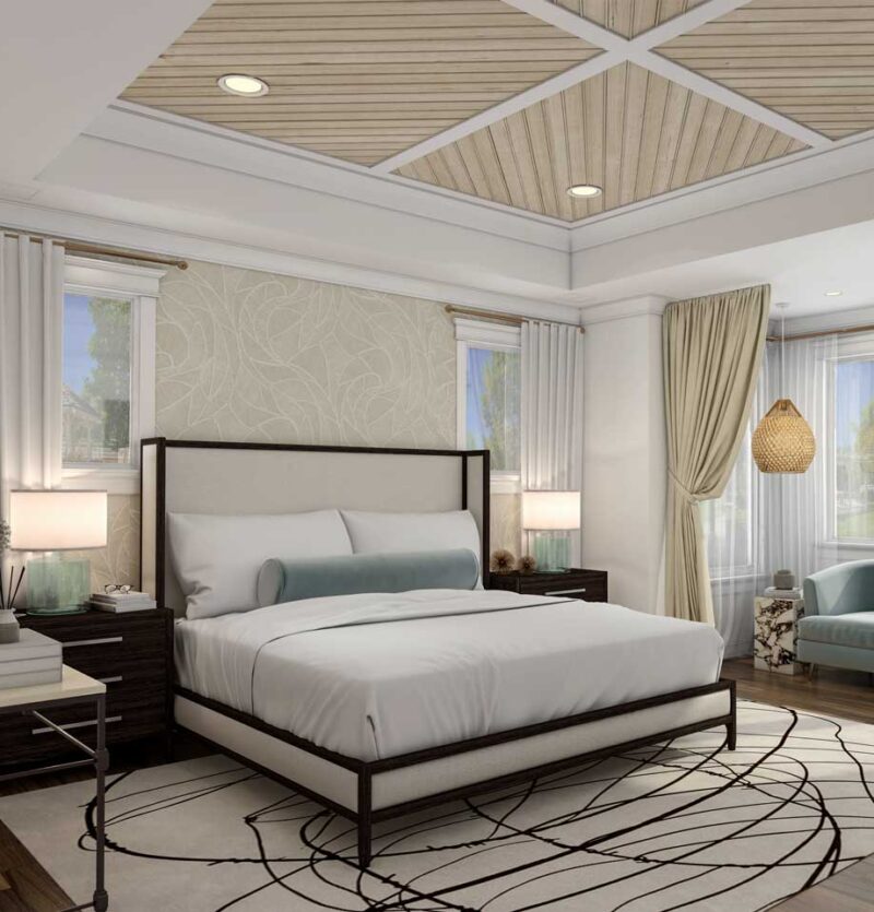 Sophisticated bedroom design visualized in 3D with plush textures, elegant furnishings, and a serene color palette