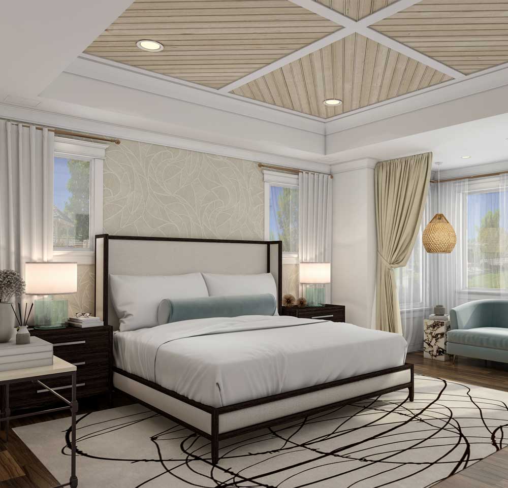 Sophisticated bedroom design visualized in 3D with plush textures, elegant furnishings, and a serene color palette