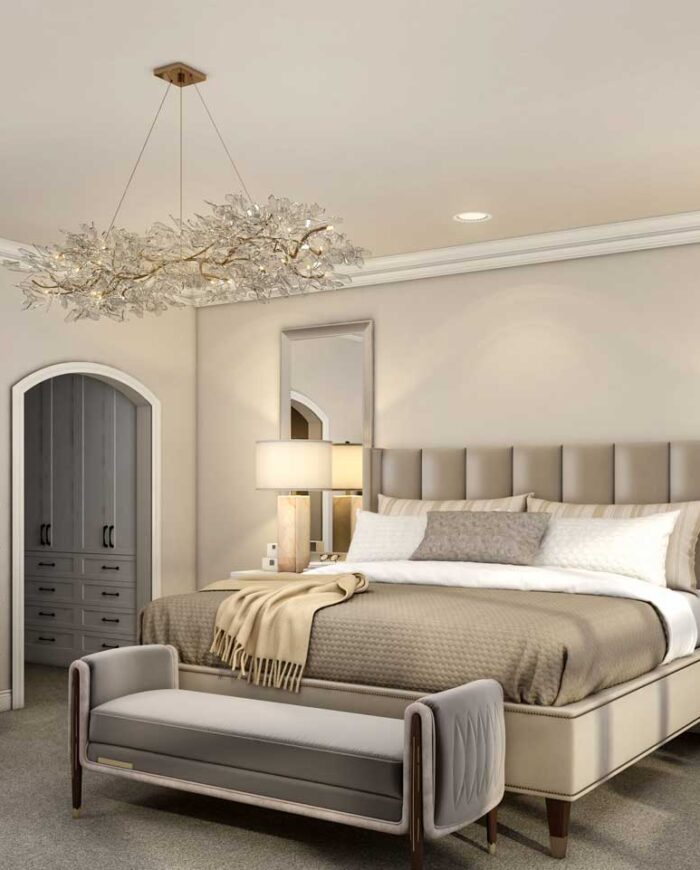 Luxurious Master Bedroom 3D Rendering featuring a plush bed, elegant nightstands, and a cozy seating area.