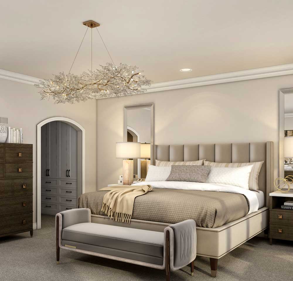 Luxurious Master Bedroom 3D Rendering featuring a plush bed, elegant nightstands, and a cozy seating area.