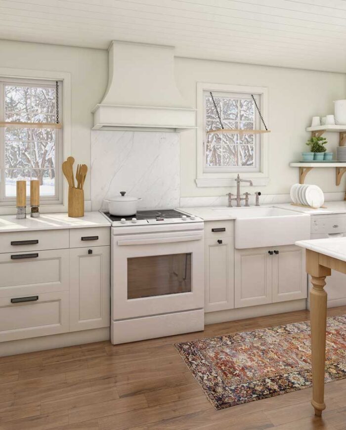 High-quality 3D rendering showcasing a beautifully designed kitchen with white cabinets, a center island, and warm wood accents.