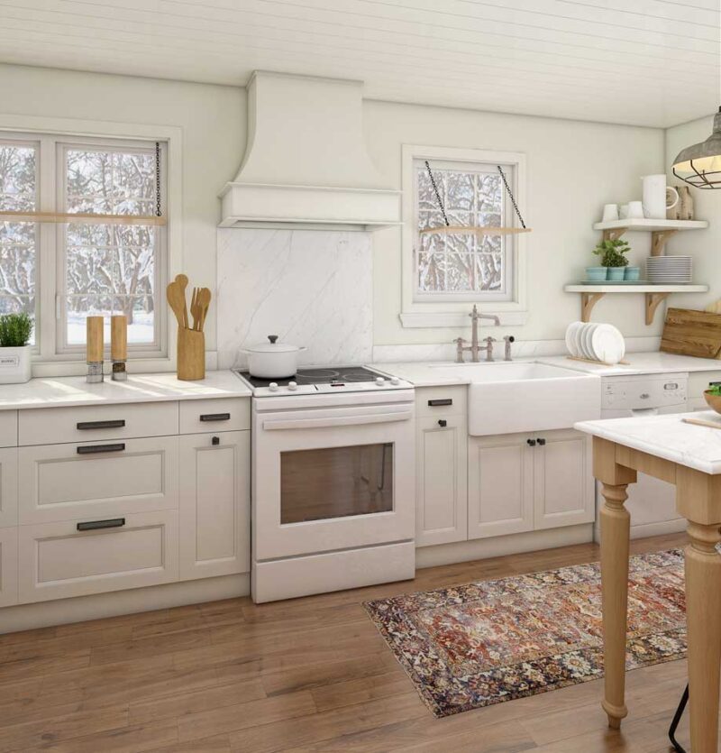 High-quality 3D rendering showcasing a beautifully designed kitchen with white cabinets, a center island, and warm wood accents.