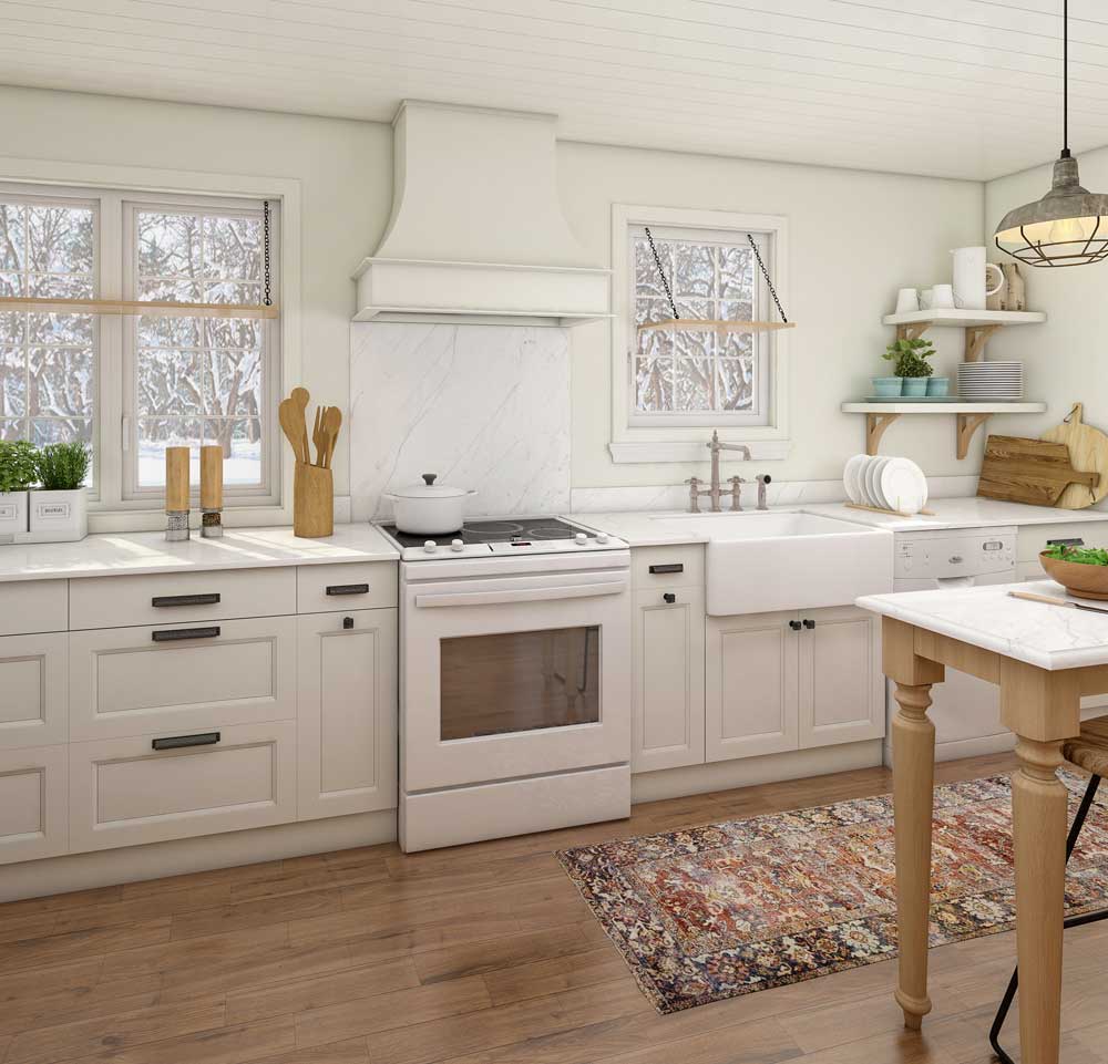 High-quality 3D rendering showcasing a beautifully designed kitchen with white cabinets, a center island, and warm wood accents.