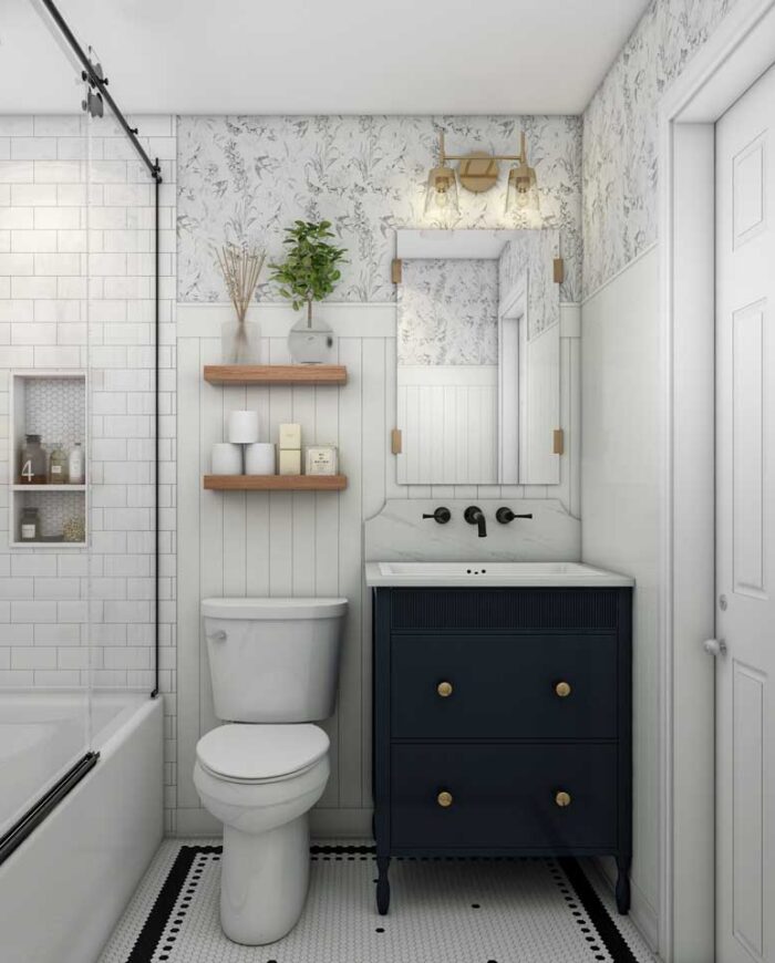 This 3D rendering showcases the beauty of a modern farmhouse bathroom with a focus on texture and light.