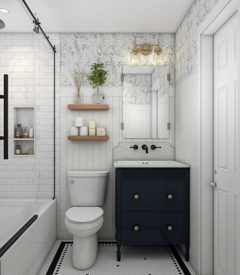 This 3D rendering showcases the beauty of a modern farmhouse bathroom with a focus on texture and light.