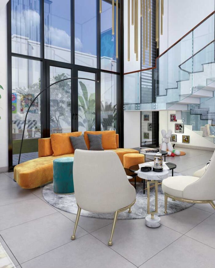 3D rendering of a modern living room with a mid-century modern style and pop art accents. Features include a large orange sofa, a glass dining table, and a vibrant art piece.