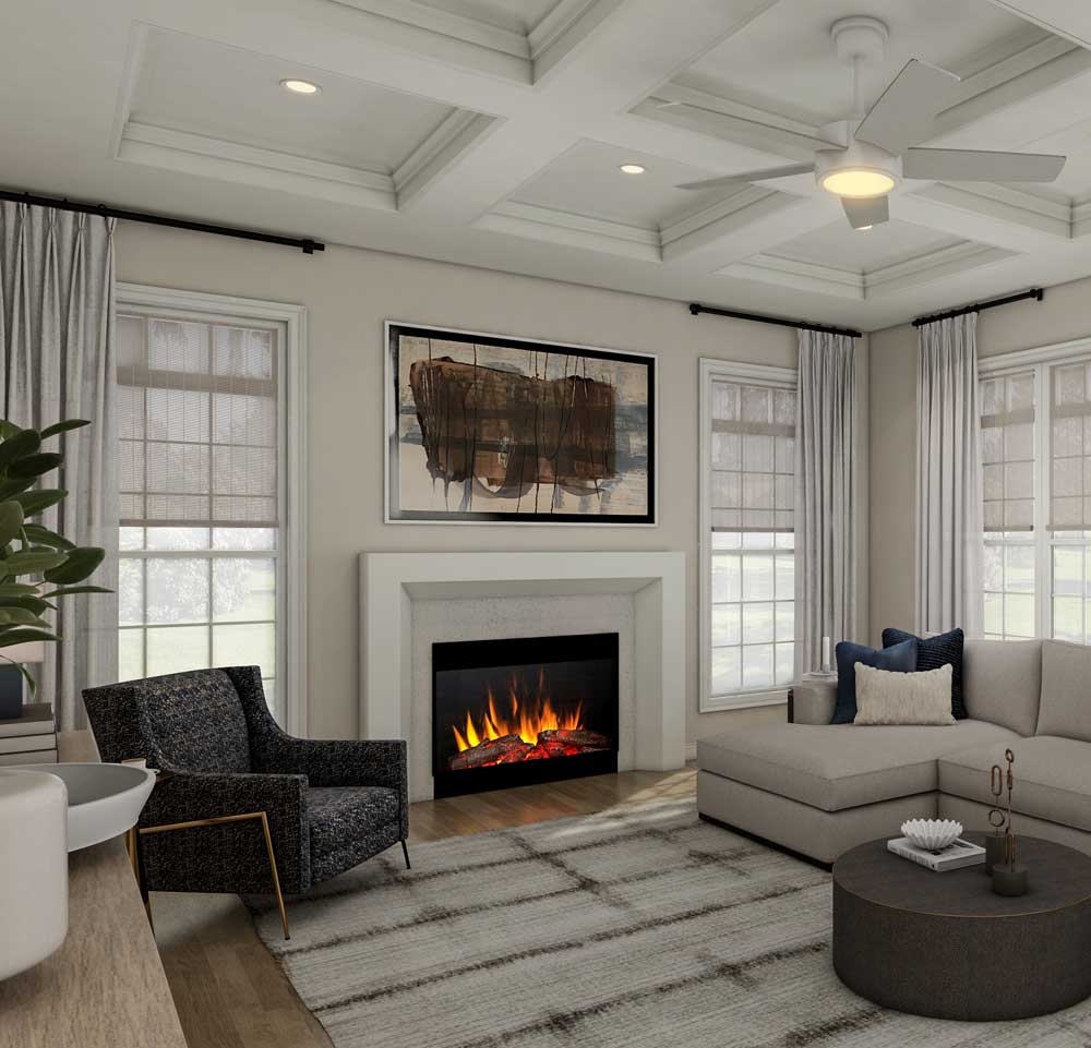 3D renderings of a modern transitional home in Washington D.C., showcasing the spacious foyer, family room, kitchen, and dining room. Visualized by Render Vibes Visualization