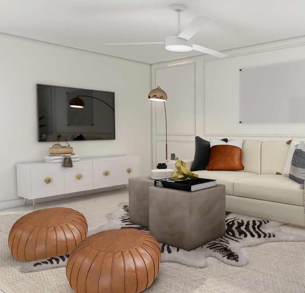 3D rendering of a stylish living room with a blend of modern and bohemian elements in Florida Rendered by Render Vibes Visualization