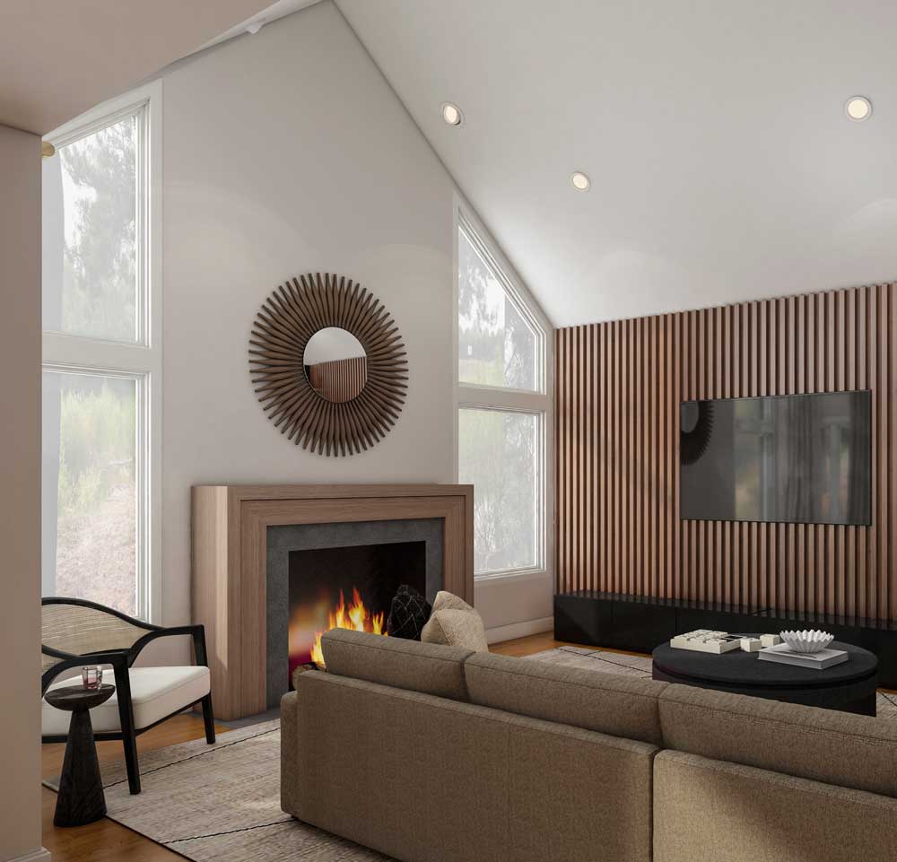 High-quality 3D rendering showcasing a warm modern living room design with natural light and forest views Visualizaed by Render vibes visualization for a client in the USA