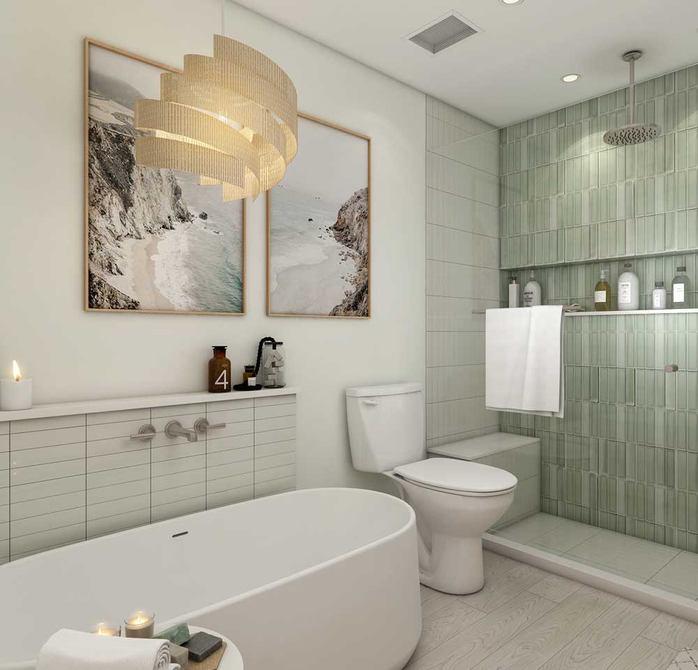 3D rendering of a modern bathroom in Montreal, showcasing a sleek freestanding bathtub, a green tile wall, and a contemporary vanity Visualized by Render Vibes Visualization for a Client in Montreal/ Canada