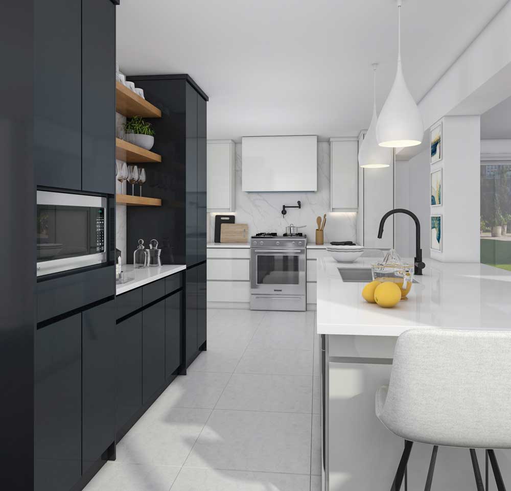 High-quality 3D renderings showcasing a modern Montreal kitchen with a central multifunctional island and open-concept design Visualized by Render Vibes Visualization